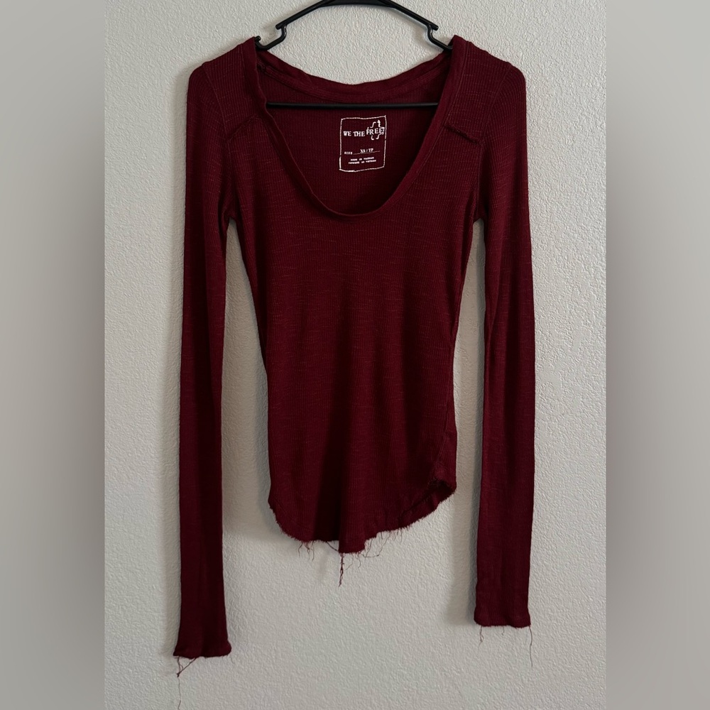 Free People We The Free Deep Red Long Sleeve Raw Edge Top